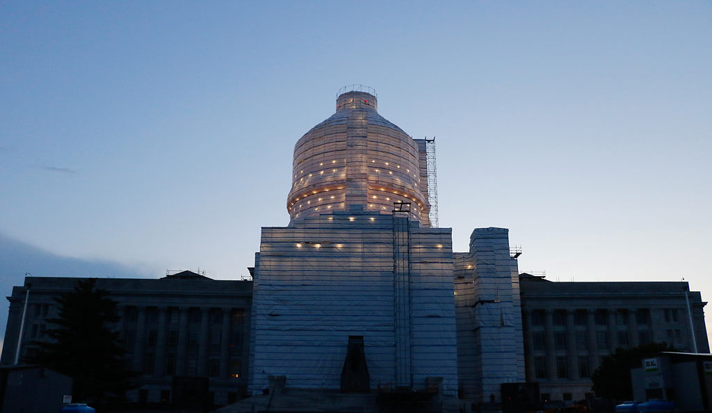 Scaffolding covers the Missouri State Capitol Building